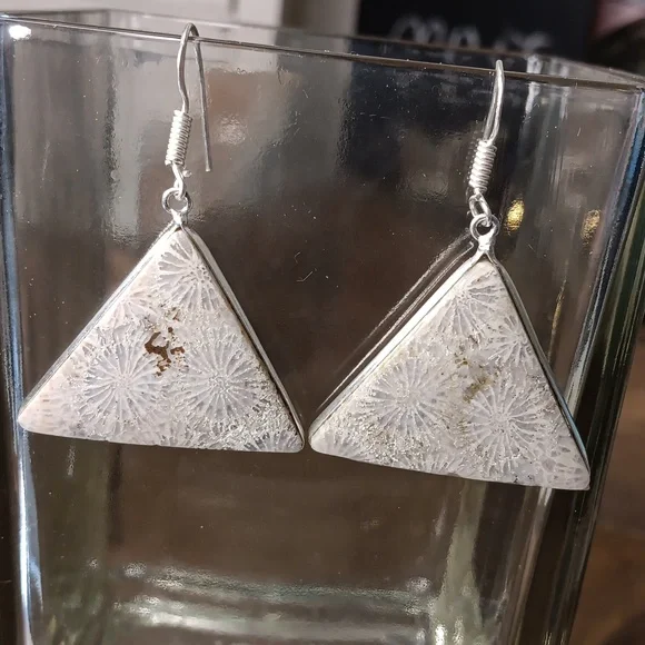 Fossil Coral gemstone earrings - Picture 3 of 4